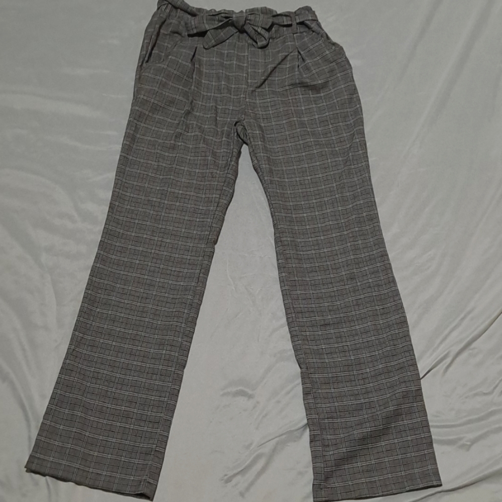Hot Kiss Houndstooth Plaid Academia Staight Leg Trousers with Paper Bag Waist